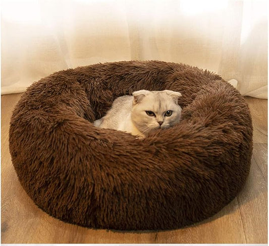 Modern Soft Plush Round Pet Bed for Cats or Small Dogs, Mini Medium Sized Dog Cat Bed Self Warming Autumn Winter Indoor Snooze Sleeping Cozy Kitty Teddy Kennel (20'' D x 8'' H, Chocolate)