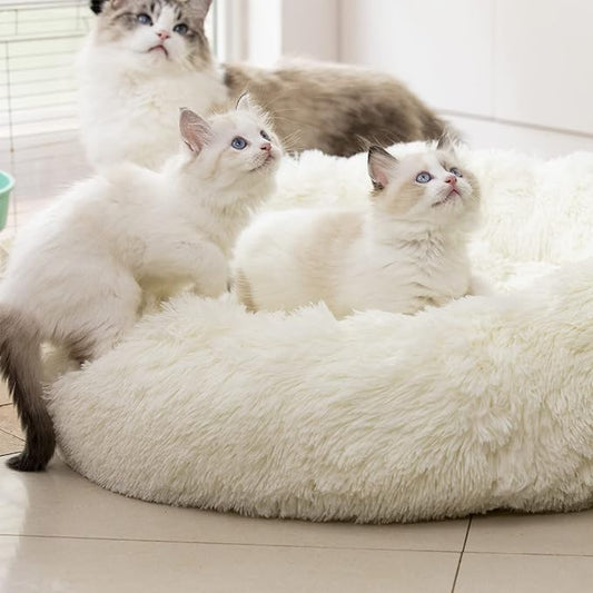 Anti Anxiety Round Fluffy Plush Faux Fur Warm Washable Dog Bed & Cat Bed, Original Bed for Small Medium Large Pets,Used to Relieve Joints and Improve Sleep(20"/24"/27'') (24", White)