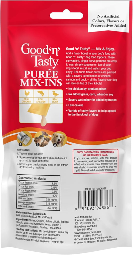 Good 'n' Tasty Triple Flavor Puree Mix-Ins Dog Food Topper Treats for All Dogs, 7 Count, Easy Single-Serve Portions, Added Protein with Chicken, Salmon and Duck