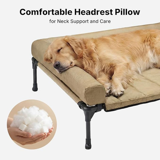 Veehoo Cooling Elevated Dog Bed Add Removable Waterproof Bolster Cushion Mat, Raised Pet Cot with Breathable Teslin Mesh, No-Slip Feet, Dog Couch Bed for Indoor Outdoor, 53 inches, Beige Coffee
