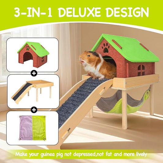 BESNEW 3 in 1 Enlarged Guinea Pig Hammock,Wooden Guinea Pig Hideout with House & Platform & Stairs Small Animal Toys for Hiding Sleeping Activities