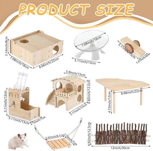 Hamster Toys Complete Set - Noiseless Silent Exercise Wheel, Maze Wood House, Stand, Chew Toys & Water Bottle Cage Accessories for Hamster, Rat, Mice Small Animal Habitat