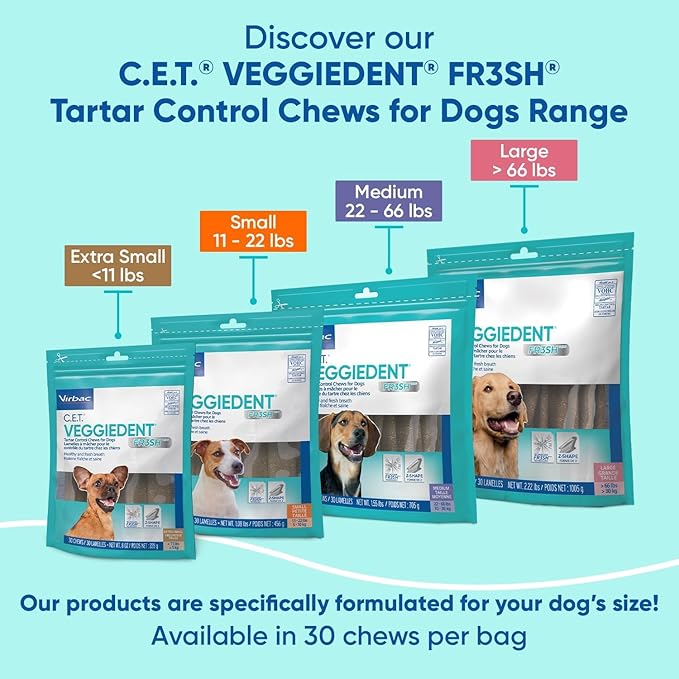 Virbac C.E.T.® VEGGIEDENT® FR3SH® Tartar Control Chews for Dogs with digestive health support, VOHC Approved, Extra Small <11lbs