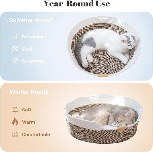 CHEERHOME PETS Cat Bed Basket with Cushion, Cotton Rope Woven Pet Bed for Indoor Cats Couch, Stimulicat Cat Bed Handwoven Breathable, All Season Universal (Brown)