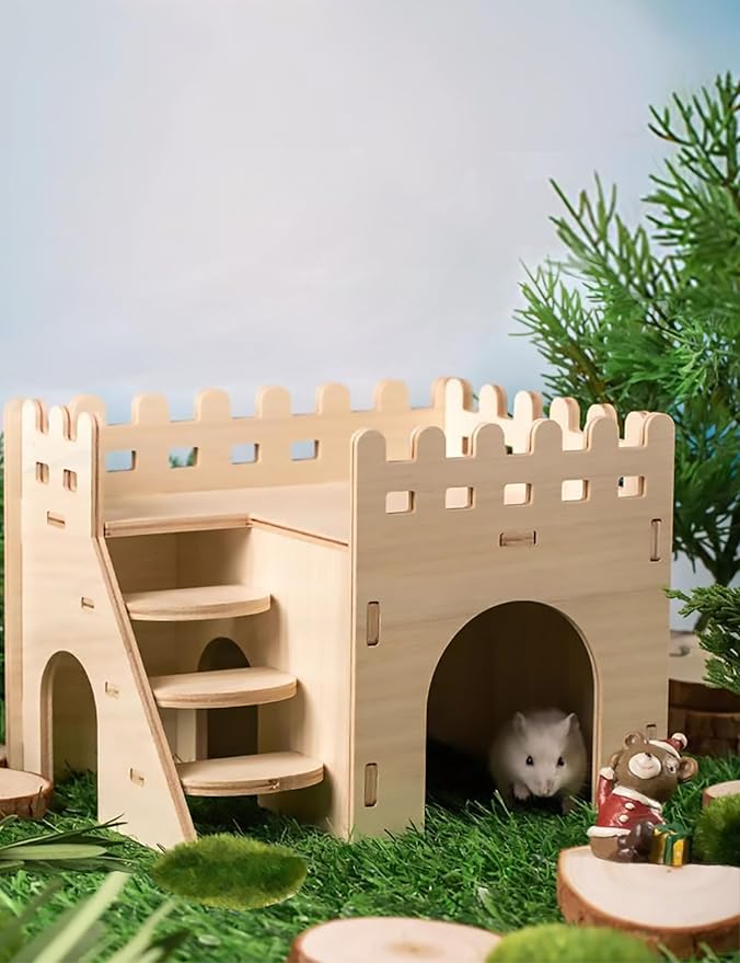 Hamster Hideout Cage Accessories - Hamster House and Habitat Wooden Hide Hut with Climbing Stairs and Platform for Syrian Dwarf Gerbils and Mouse Mice Rat,Small Animals etc.