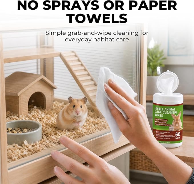 Small Animal Cage Cleaning Wipes, Unscented Cage Cleaner Wipes for Bird, Guinea Pig, Rabbit, Hamster & Bunny Habitats, Quick Spot Cleaning Suppliers for Cages, Feeders & Accessories, 2 Pack 120 Wipes