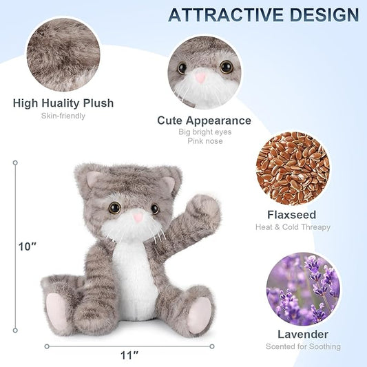 SuzziPals Heatable & Coolable Grey Cat Stuffed Animal, Cat Heating Pad Microwavable for Soothing & Relaxation, Lavender Scented Cat Plush Toy for Stress Relief, Stuffed Cat Toys for Kids