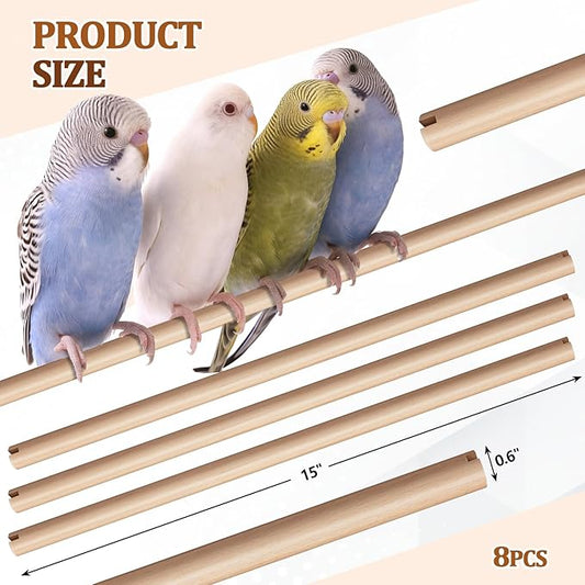 Sintuff 8 Pcs Bird Perches for Cage Accessories, Wooden Perch Rods Replacement with Double Head Slots, 0.6 Inch Diameter Natural Wood Stand for Parrot Macaw Cockatoo Parakeet (15 Inches)