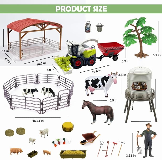 Peagprav Farm Animals Toys Set Barn Toy Combine Harvester Tractor with Trailer Horse Stable Grain Bins Horse Cow Farmer Figures Fence Playset for Kids Toddlers Boy Girl 3-7 Years Old