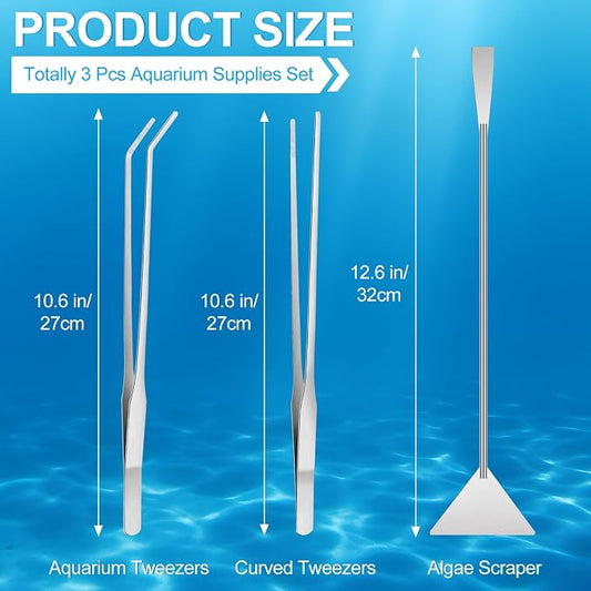 Oligei Terrarium Supplies 3 PCS, Stainless Steel Aquarium Supplies Set, Include Long Aquarium Tweezers, Curved Tweezers, Algae Scraper for Fish Tank Cleaning Plant Trimming