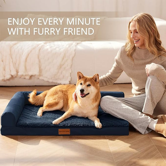 Patas Lague Orthopedic Dog Bed Medium Size Dog 30''X20'', Waterproof L Bolster Medium Pet Sofa Beds with Removable Washable Cover, Soft Comfortable Pet Couch Crate Mat with Nonskid Bottom, Navy Blue