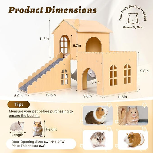 Guinea Pig Hideout with Hammock & Ramp – Multi-Level Wooden Small Animal House for Hamsters, Rabbits, Chinchillas | Easy Assembly Guinea Pig Cages