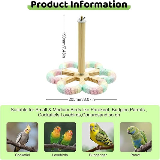 Parakeet Toys & Bird Perch - Rotating Stand with Chew Ball, Bird Cage Accessories for Small & Medium Birds Parakeets Cockatiels Lovebirds Conures Budgies (Rainbow)