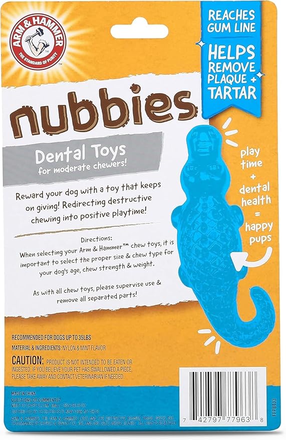 Arm & Hammer Nubbies Gator Dental Chew Toy for Dogs, Mint Flavor, Baking Soda Infused, Scrubbing Grooves to Reduce Plaque and Tartar, No Stuffing, for Moderate Chewers - 2 Pack