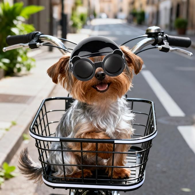 Extra Small Dog Goggles and XSmall Dog Helmet, 2Pcs Anti-UV Doggy Sunglasses Cat Motorcycle Protecetive Helmet Set, Chihuahua Safety Hard Hat Outdoor Head & Eyes Protection, Black XS