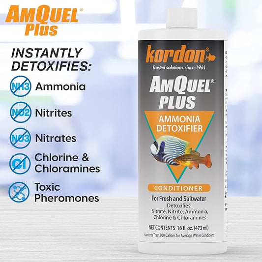 Kordon AmQuel Plus Aquarium Water Conditioner - Instantly Detoxifies Ammonia, Nitrite, Nitrate, and Chlorine Remover for Freshwater & Saltwater Aquariums, 16 Ounces (Pack of 2)
