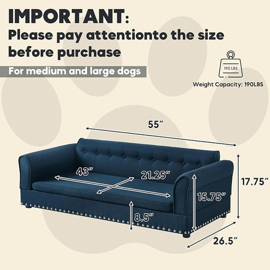 55" Dog Sofa for Medium to Large Dogs, Button Tufted Dog Couch Bed with Backrest and Armrests, Durable Memory Foam Pet Bed, Removable Cushion for Medium and Large Dogs, Blue