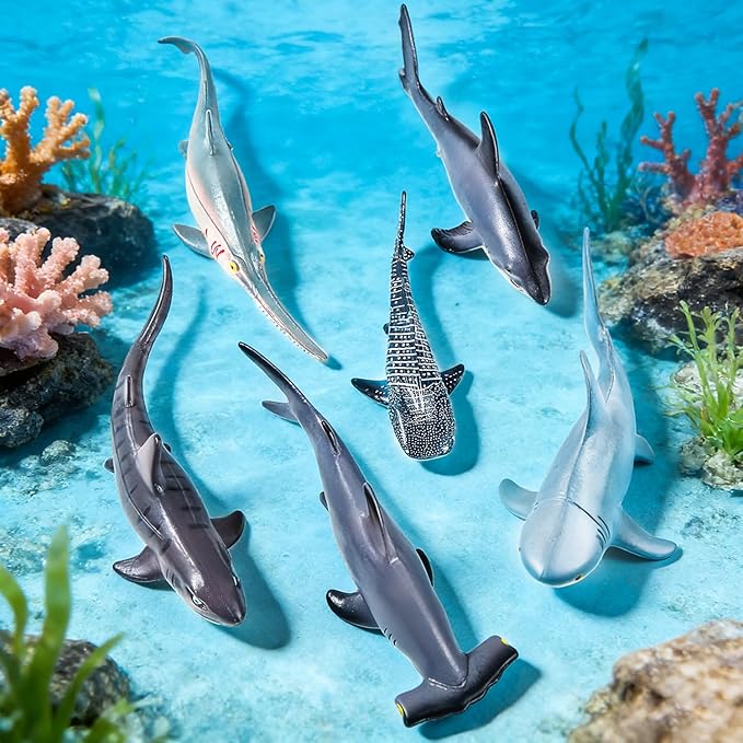 SIENON 11pcs Shark Figures with Booklet, Realistic Sea Creatures Bath Toys Whale Shark Ocean Animal Figurines for Kids Educational Birthday Party Favors Cake Toppers