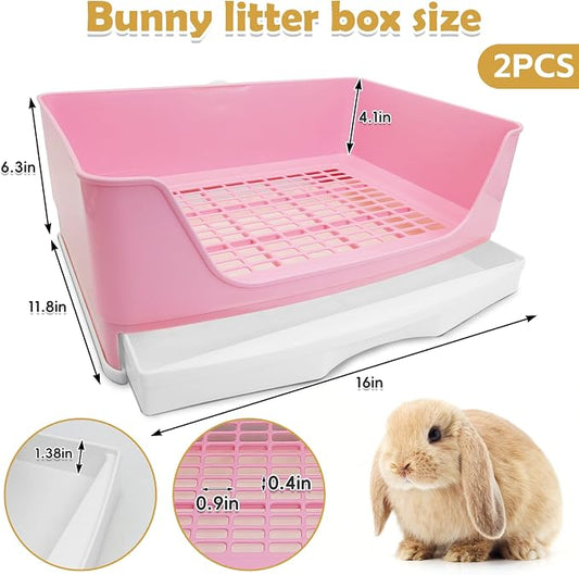 kathson 2PCS Large Rabbit Litter Box Trainer, Potty Corner Toilet with Drawer Bigger Pet Pan for Adult Hamster, Guinea Pig, Ferret, Galesaur, Bunny and Other Animals (Pink,Brown)
