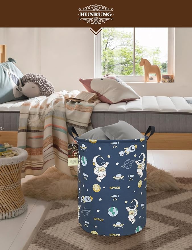 Collapsible Fabric Storage Basket, Waterproof Laundry Hamper with Handles, Round Storage Bin for Clothes Toys, Foldable Organizer for Bedroom Nursery Bathroom(Round-Blue Space Astronaut)