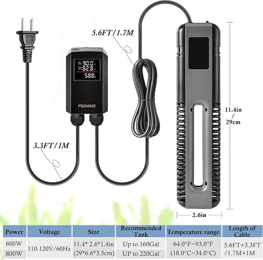 FEDOUR 600W 800W Titanium Aquarium Heater with Digital Controller, Submersible Aquarium Heater with Overheating Protection, for up to 220Gallon Fish and Turtle Tank (600W for up to 160Gal)