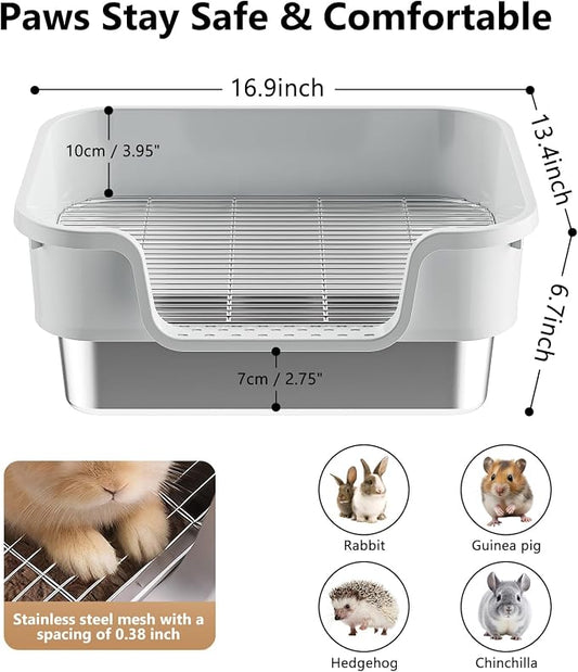 Stainless Steel Rabbit Litter Box with Safety Grid, Large Sifting Bunny Litter Pan for Small Animals, Guinea Pig, Ferret, Easy to Clean, Anti-Urine Leakage Metal Pet Toilet (16.9" × 13.4" × 6.7")