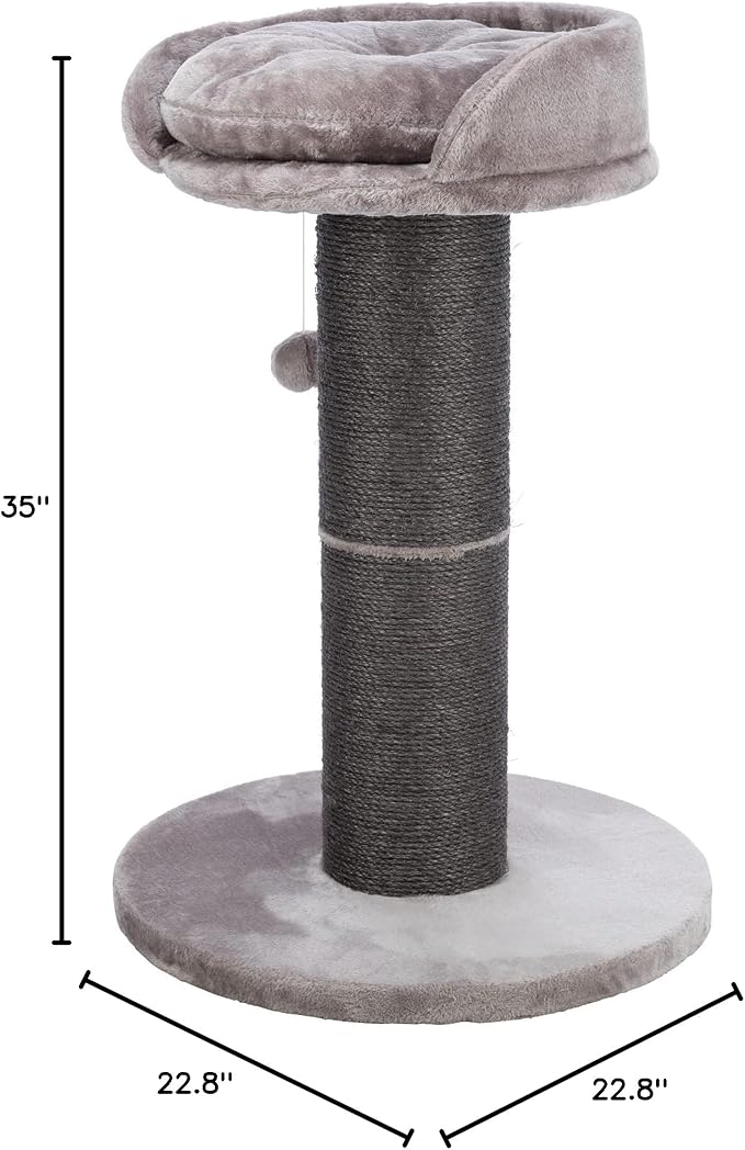 TRIXIE Pepino Cat Scratching Post 35 Inch - Cat Scratcher with Soft Fabric Covering Base and Durable Sisal Rope - with Platform Bed & Dangling Cat Toy - in Gray