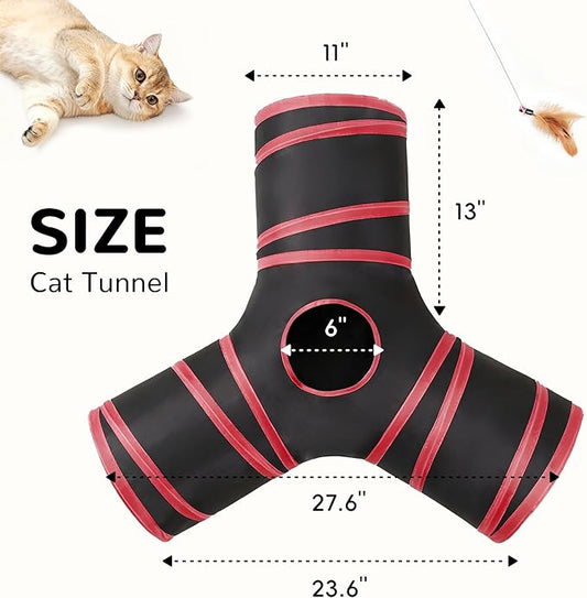 Tempcore Cat Tunnel for Indoor Cats, 3-Way Collapsible Play Tunnel with Teaser Wand, Peek Holes & Toy Ball, Small Pet Toy for Kittens & Rabbits, Black & Red