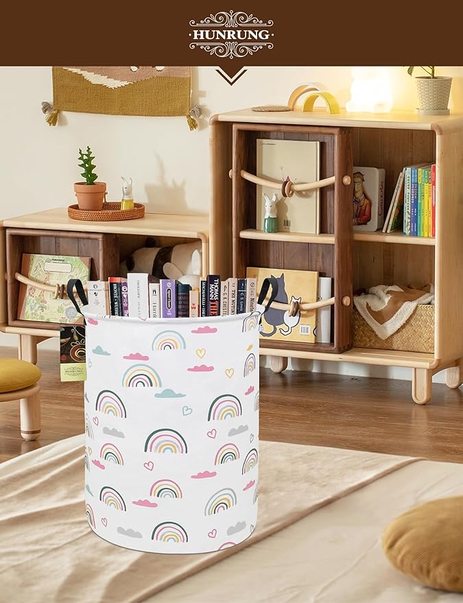 Collapsible Fabric Storage Basket, Waterproof Laundry Hamper with Handles, Round Storage Bin for Clothes Toys, Foldable Organizer for Bedroom Nursery Bathroom(Round-Rainbow)