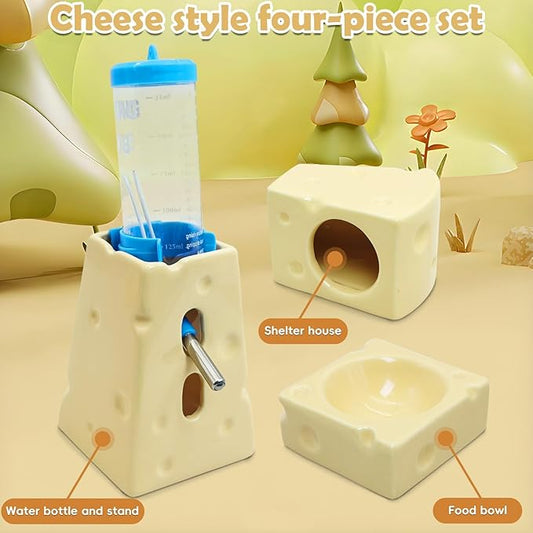 PINVNBY 4PCS Hamster Hideout Set Ceramic Cheese Shape Hamster Food Bowl Water Bottle Holder & 125ML Water Bottle Hamsters House for Dwarf Robo Campbell Gerbil and Other Small Animals