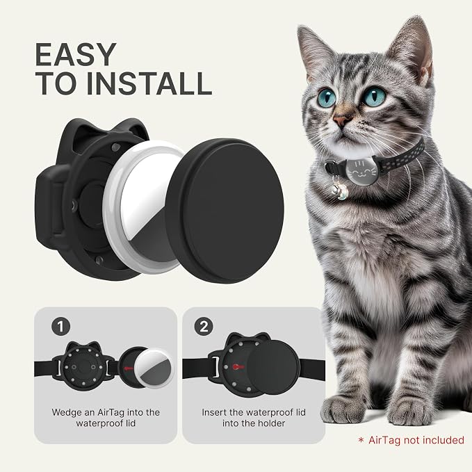 AirTag Cat Collar Breakaway, Reflective Cat Collar Compatible with Apple AirTag 1st & 2nd Gen, Hidden Holder with Bell, Lightweight Water-Resistant Strap for Cats, AirTag Not Included