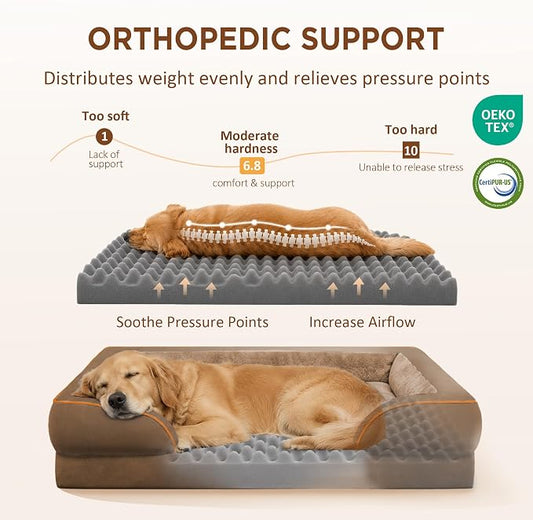 Comfort Expression Orthopedic Dog Bed for Extra Large Dogs with Bolster | Waterproof Dog Couch Bed with Washable Cover & Non-Slip Bottom, Supportive Egg Crate Foam XL Pet Bed, 42x30 Inch