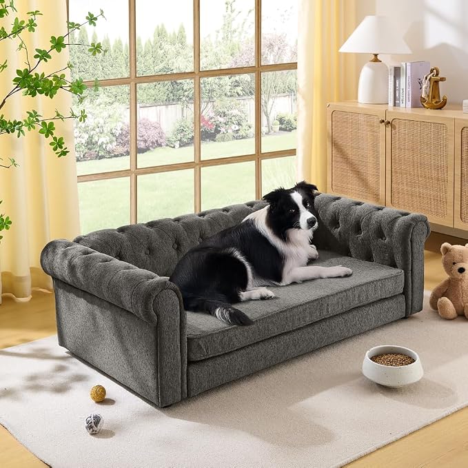 Large Dog Couch, for Large & Extra Large Dogs | Removable & Washable | No Assembly Required | Breathable Linen Fabric | Soft Foam |Floor-friendly sofa legs | Dark Grey