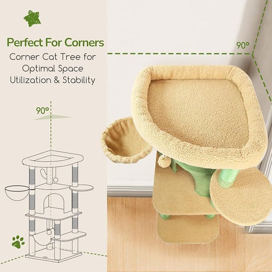 Globlazer Cactus Corner Cat Tree Tower with Scratching Post for Indoor Cats, 51in Multi-Level Cat Condo Tower with Large Hammock, Fan-Shaped Padded Perch, Spacious Cat Cave, Hanging Basket, C51, Green