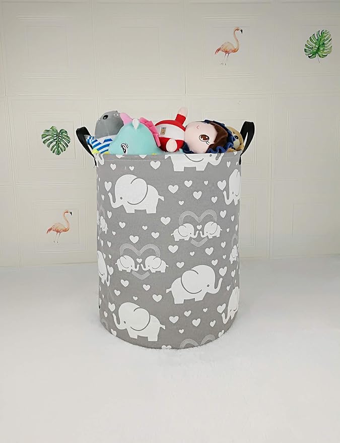 Kids Laundry Hamper Storage Basket Laundry Organizer Hamper Storage Bins Clothes Box Nursery Hamper Gift Basket with Handles (Love elephant)