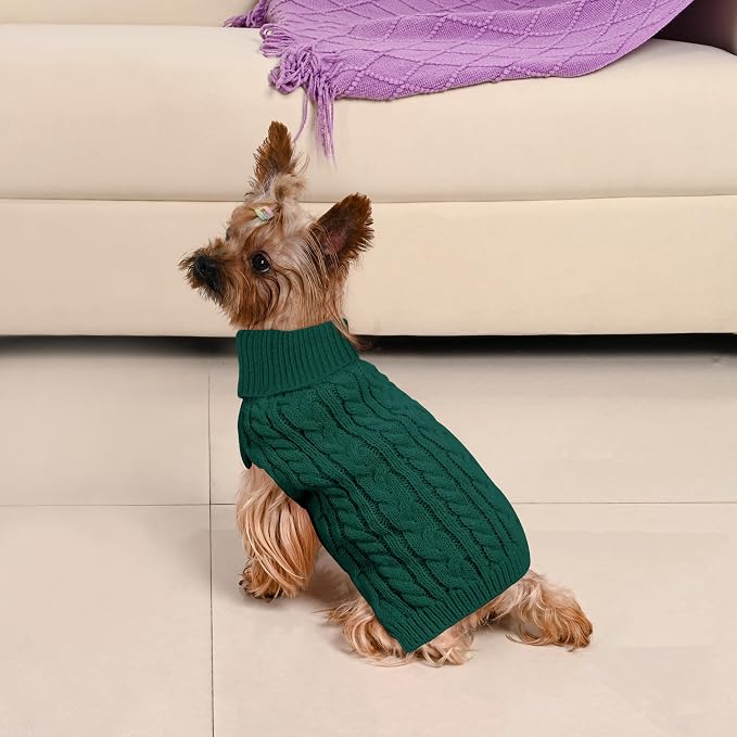 Dog Sweater 2 Pack for Small Dogs, Size XS, Red & Green | Stretchy cable knit turtleneck, machine washable, high belly cut, comfy winter fit for Chihuahua, Yorkie