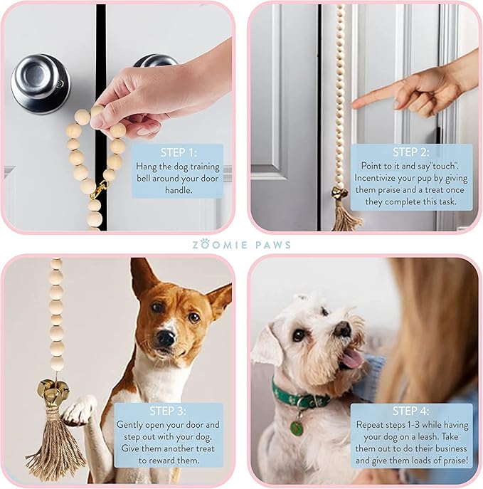 Dog Puppy Training Bell Potty and Outdoor Training Doorbell - Zoomie Paws, Wooden Beaded with Gold Bells