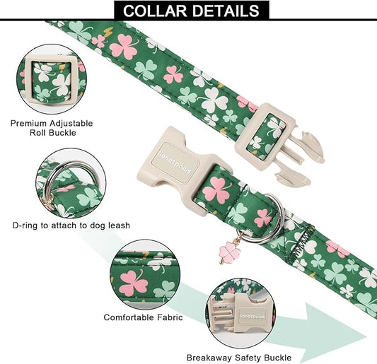 Lionet Paws St. Patrick Dog Collar- Cute Clover Green Dog Collars with Plastic Buckle, Light Adjustable Dogs Collars with Pink Clover Pendant for Small Dogs