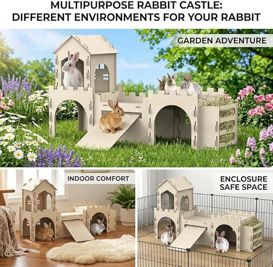 Large Bunny House and Hideouts, Wooden Dual-Layer Rabbit Castle with Stair, Rubber Band-Free Setup - chew-Proof, Sturdy Habitat for Guinea Pig Chinchilla Ferret (Rabbit House with Hay Feeder)