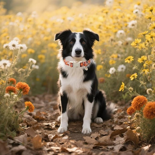 Lionet Paws Vintage Floral Dog Collar- Cute Fall Groundsel Oxalis Golden-Rod Dog Collars with Plastic Buckle, Light Adjustable Brown Dog Collars for Small Medium Dogs