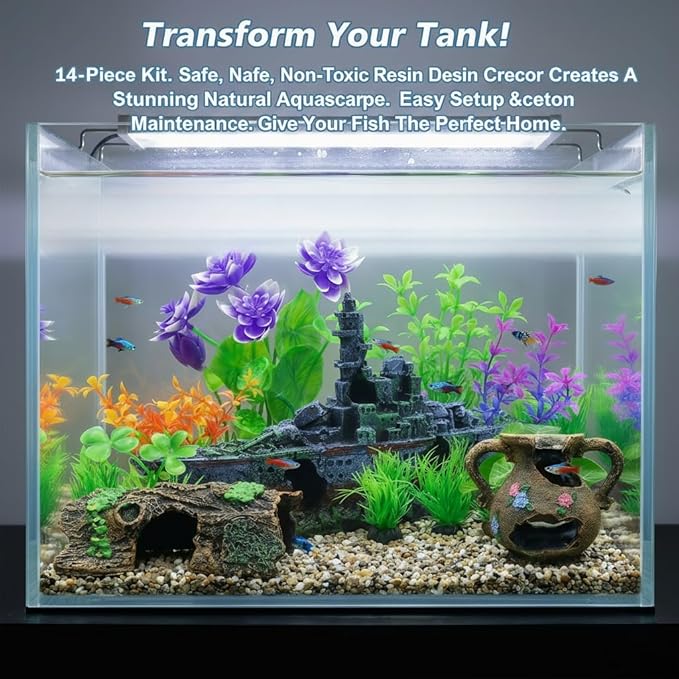 Aquarium Artificial Plastic Plants Decorations and Sunken Ship Set Goldfish 14 PCS Large Fish Tank Accessories Goldfish Betta Tank Decor