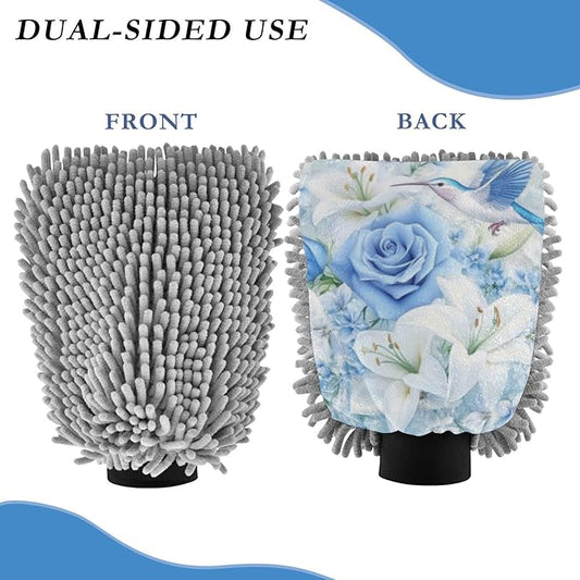 Car Wash Mitt Microfiber Wash Mitts for Car Washing Scratch-Free Cleaning Gloves Soft Non Absorbent Chenille Auto Hand Mitt Large 2Pack White Lily Blue Roses Hummingbird White Snow