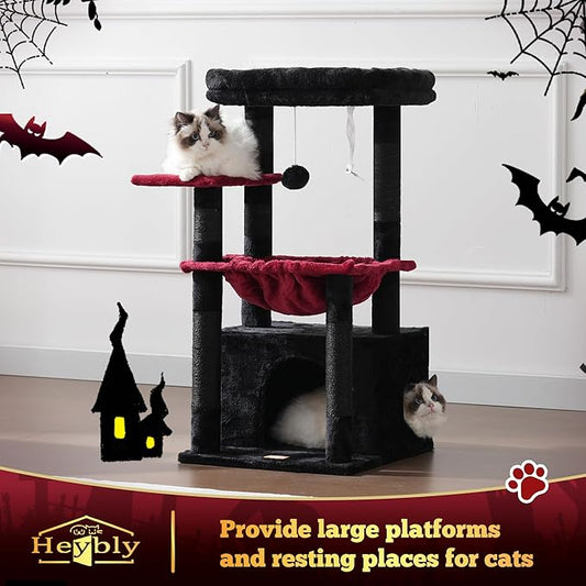 Heybly Cat Tree, Kitten Tower with Large Soft Cat Basket,Cat Condo with Spacious Cat Bed Cave with Hidden Space,Sisal-Covered Scratching Posts,Dangling Ball for Indoor Cats, Black and Red HCT008SBR