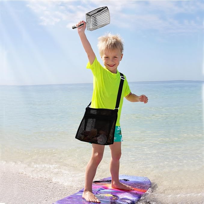 MUYIZI Sand Sifter Shovel with Mesh Beach Bag, Detachable Beach Scoop for Shell Collecting, Shark Teeth Sifter Dipper, Shell Scooper for Beach Multi-Use Sifting Tool Beach Toy for Kids & Adults(Black)