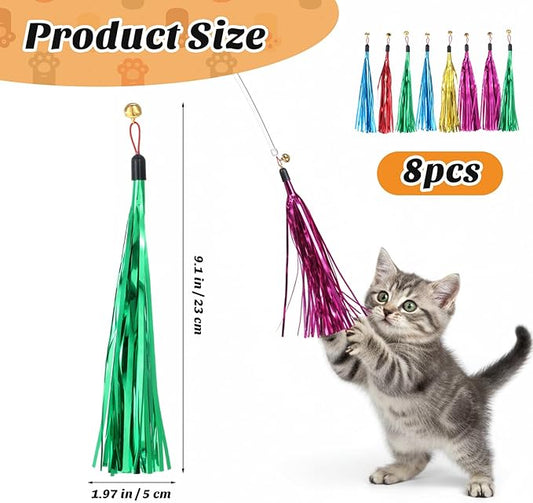 8 Pcs Cat Wand Toy Replacement with Bell Metallic Foil Tassel, 9 Inches Interactive Wand Toys for Indoor Cats for Most Cats Chase Exercise with Kitten (Multi Colored)
