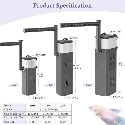 15W 210GPH Ultra Powerful Aquarium Filter for 25-55Gallon Fish Tank, Adjustable Filter with Filter Sponges, Submersible Fish/Turtle Water Filters, Filtration/Oxygenation/Water Cycle 3in1 Filter