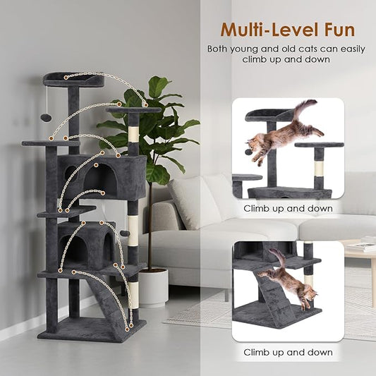 PayLessHere Cat Tree 62in Cat Tower with Cat Scratching Post,Multi-Level Cat Condo Stand House Furniture Kitty Activity Center with Furry Ball Toys Cat Tree for Indoor Cats,Dark Gray