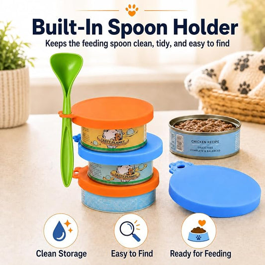 Lydia’s Deal Pet Food Can Covers 2-Pack, Thick Silicone Universal Can Lids for Dog & Cat Food, Fits 3oz/5.5oz/12oz, Airtight Seal, Durable & Dishwasher Safe, Easy Grip with Spoon (Blue & Orange)