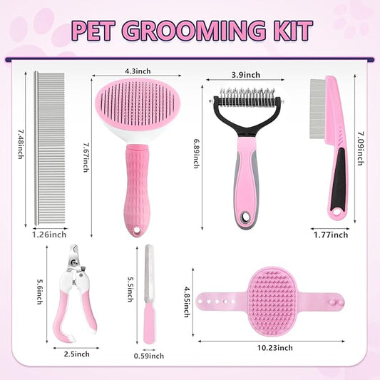 Dog Brush Dog Grooming Kit 7PCS Dogs Brush for Shedding-Dogs Brushes for Grooming, Dematting Comb, Cat Nail Clipper with Nail File, Flea Comb, Pet Comb, Bath Brush-Pink