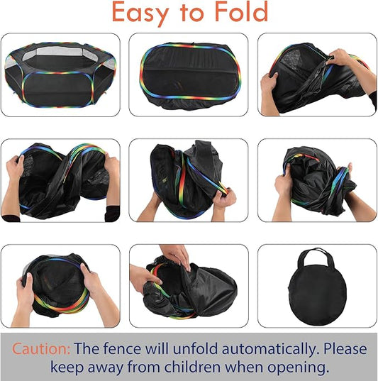 Pawaboo Small Animals Playpen, Waterproof Small Pet Cage Tent with Zippered Cover, Portable Outdoor Yard Fence with 3 Metal Rod for Chick/Kitten/Puppy/Guinea Pig/Rabbits/Hamster, Black + Rainbow